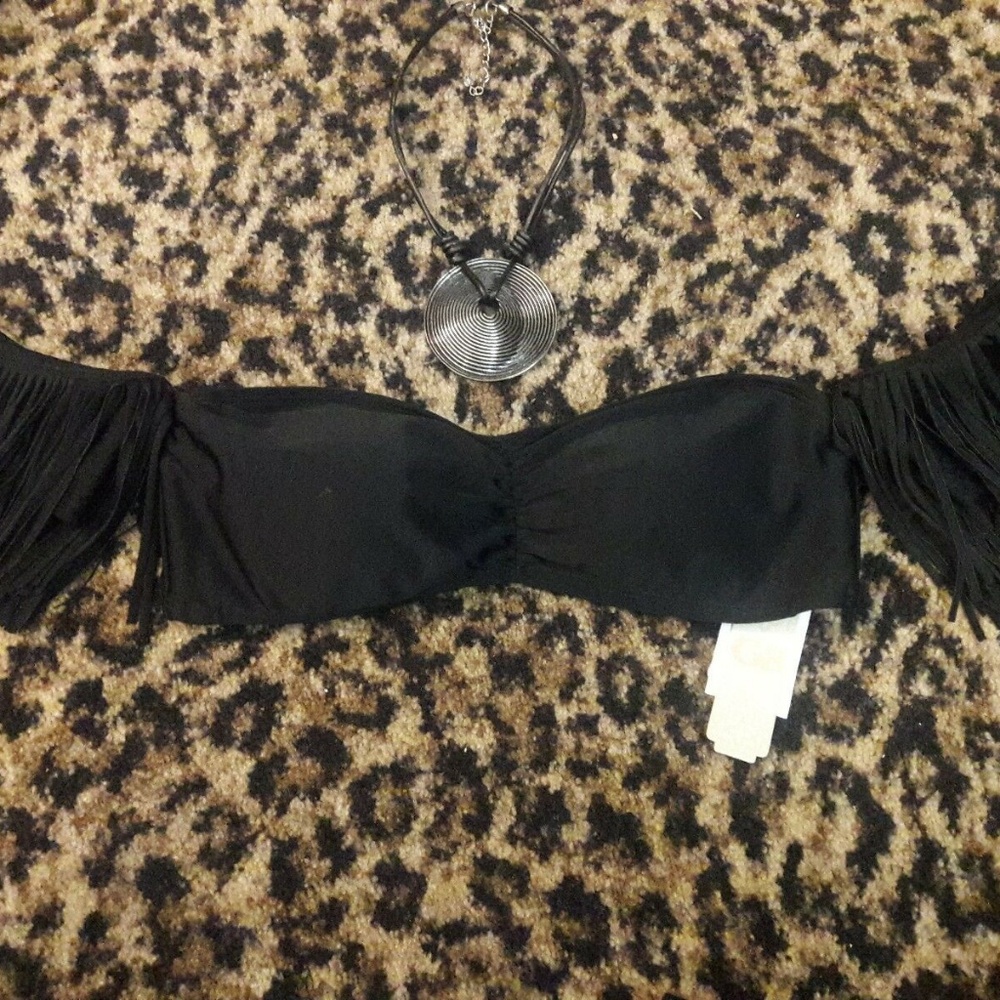 GB Bini Fringe Arm Cuffs Bandeau Bathing Suit Bra Top Black HOT $40 NEW S M Sexy - Picture 4 of 6